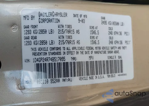 2004 Dodge Grand Caravan Se z USA, uszkodzony, nr VIN 1D4GP24R74B517095